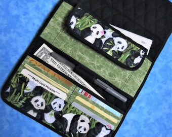 Women Large  Wallet - 9 Pocket Fabric Wallet Cute Panda Wallet Trifold Quilted Wallet Cloth Ladies Wallet Organizer Long Wallet Velcro