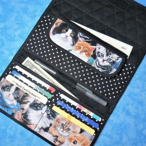 Cartera grande para mujer: cartera acolchada de 9 bolsillos, regalo para amantes de los gatos, cartera de tela, organizador de billetera de tela con tres pliegues, cartera larga, talonario de cheques, cartera vegana para mujer