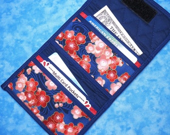 Women Card Wallet - 4 Pockets Credit Card Holder Fabric Business Card Case Small Wallet Asian Floral Ladies Wallet Quilted with Velcro