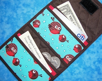 Women Card Wallet - 4 Pocket Credit Card Holder Cute Bird Wallet Trifold Small Wallet Fabric Quilted Wallet Vegan Ladies Wallet Velcro