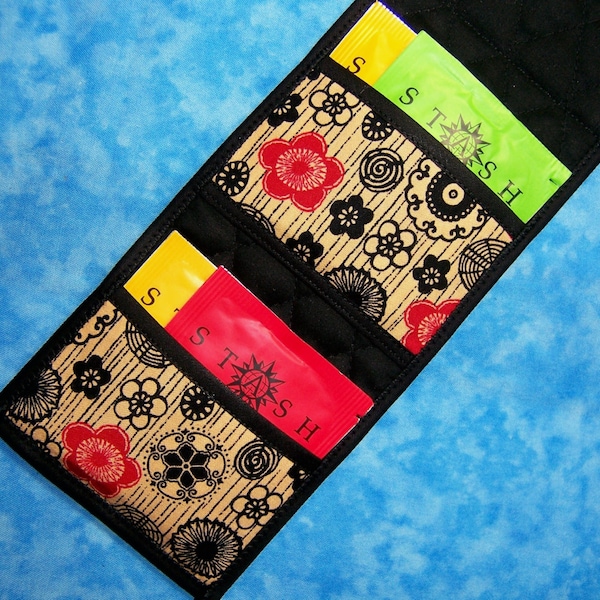 Women Tea Wallet - Tea Bag Holder Small Travel Wallet Unique Tea Lover Gift Asian Floral Vegan Quilted Wallet Fabric Cloth Ladies Velcro