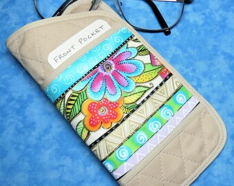 Laurel Burch Floral Eyeglasses Case: Quilted Fabric Glasses Holder with Pockets