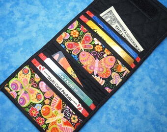 Butterfly Quilted Trifold Wallet: 6 Pocket Fabric Card Holder