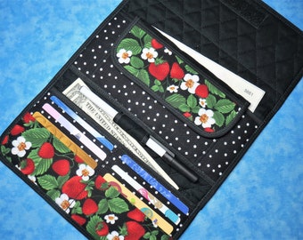 Large Women Wallet - 9 Pocket Strawberry Lover Wallet Organizer Quilted Long Wallet Cloth Fabric Trifold Wallet Checkbook Ladies Velcro