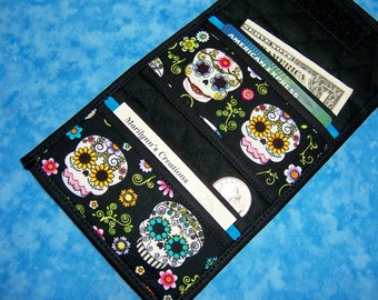 Women Card Wallet - 4 Pocket Card Holder Sugar Skull Day of the Dead Wallet Vegan Ladies Small Wallet Velcro Trifold Business Card Case