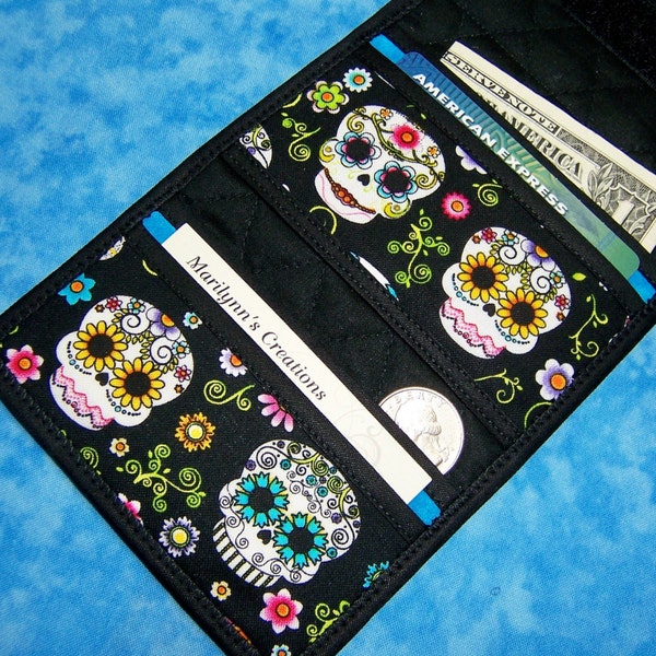 Women Card Wallet - 4 Pocket Card Holder Sugar Skull Day of the Dead Wallet Vegan Ladies Small Wallet Velcro Trifold Business Card Case