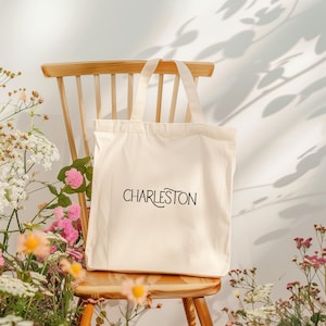 Hand-Drawn Charleston Eco Canvas Tote Bag, Illustrated Reusable Grocery & Market Bag, Hand-Lettered Travel Carry-All