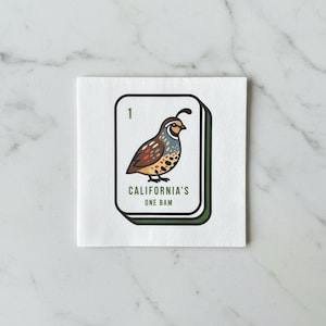 May include: Square white card featuring a cartoon quail illustration. The quail is depicted in brown, tan, and grey, with a black plume. The card includes the number 1 and the text "CALIFORNIA'S ONE BAM".