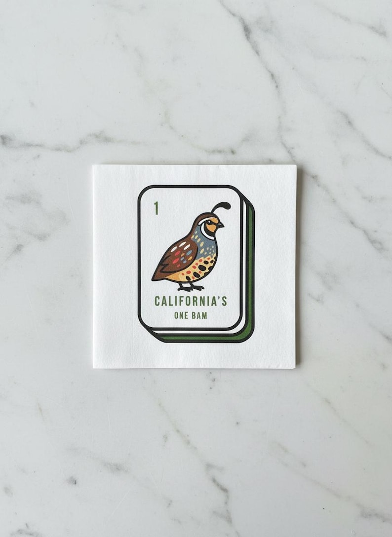 May include: Square white card featuring a cartoon quail illustration. The quail is depicted in brown, tan, and grey, with a black plume. The card includes the number 1 and the text "CALIFORNIA'S ONE BAM".