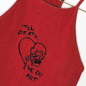red cropped halter tank top | hand-drawn heart skull art drawing | reworked, upcycled, thrifted crop-top women&#39; shirt | Y2K grunge shirt