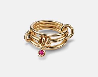 Pink Sapphire CZ Drop link Solitaire Ring Three Plain Ring With 3 Small Band Interlocking Band, SPINELLI KILCOLLIN 14k Gold Plated Rings