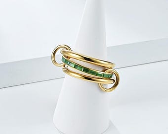 SPINELLI KILCOLLIN Band Emerald CZ Baguette Channel Set Eternity band with Two Plain Ring, Connector Band Ring, Three Stackable Band Ring