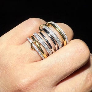 SPINELLI KILCOLLIN Ring, 18k Gold Plated Handmade White Moissanite Eternity Multi Band Ring, Interlocking Band, Statement Ring, Diamond Ring