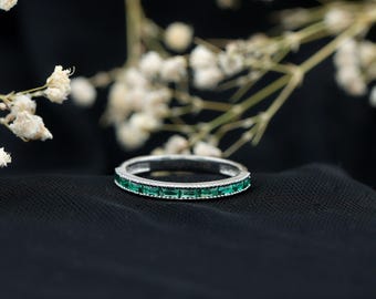 Lab Emerald Baguette Eternity Band, Handmade 925 Sterling Silver Ring