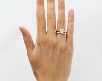 Moissanite Solitaire Ring, 14k Gold Plated Moissanite Eternity Band, Interlocking Statement Ring, SPINELLI KILCOLLIN Band, Emerald Cut Ring