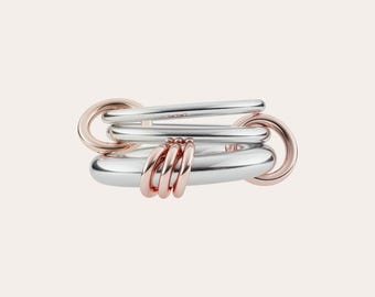 SPINELLI KILCOLLIN Anillo de bodas liso de plata maciza, chapado en oro rosa de 14 k, dos anillos entrelazados, anillo de compromiso, anillo apilable, anillo de tres anillos