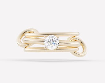 14k Gold Plated 6mm Round Cut Moissanite Solitaire Ring With 2 Plain Ring Multi Link Connector Ring For Women Gift, SPINELLI KILCOLLIN Band