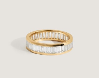 White Moissanite Baguette Eternity Band For Women In 14k Gold Plated Channel Set Stacking Band, Wedding Band For Women, Statement Band Ring