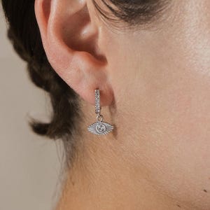 Moissanite Eternity Earrings Dangle Evil Eye Earrings,  Evil Eye Huggie Hoop Earrings in Sterling Silver, Silver or Gold Eye Hoops Earrings