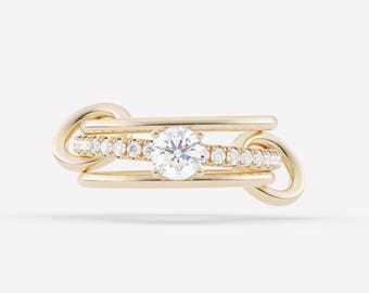 14k Gold Plated Moissanite Solitaire Band With Eternity Band Ring, Two Plain Ring Multi Link Connected Ring, SPINELLI KILCOLLIN Women Band