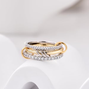 Moissanite Two Eternity Band With 14k Gold Plated Plain Band Interlocking Band, Statement Wedding Band, Designer Trendy Band Ring For Women