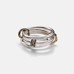 Könnte beinhalten: Ein mehrreihiger Ring bestehend aus drei ineinandergreifenden silberfarbenen Bändern und zwei kleineren goldfarbenen Ringen an den Seiten. Eines der silbernen Bänder ist mit zwei vertikalen Reihen kleiner, dunkler Steine in einer Goldfassung besetzt.