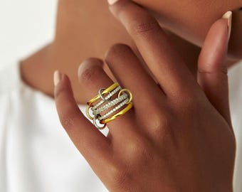 Moissanite connector band ring, Multi Link Connector Ring, Two Tone Ring Set, Stacking Rings, multi Linked band ring, Statement Wedding Band