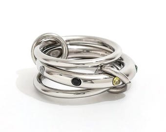 Multi Link Solid Silver Band Ring, SPINELLI KILCOLLIN Band, Multi Gemstone Flush Set Band, Interlocking Wedding Ring, Three Statement Band