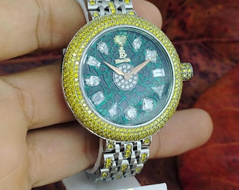 Lab Grown Diamond Watch for Women – Yellow Multi Shape Diamond Dial – Iced Out Stainless Steel Luxury Watch Gift for Her