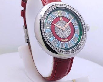 Lab Grown Diamond Watch Blue Baguette Iced Luxury Sapphire Glass Swiss Quartz Watch Gift for Him