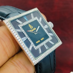 Herren quadratische 925 Sterling Silber Diamant Uhr | Blaue und weiße Laborgewachsene Diamanten | Luxus Lederarmband | BlueLife Juwelen