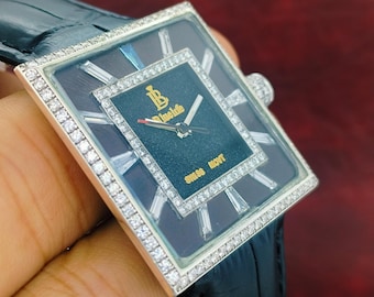 Men’s Square 925 Sterling Silver Diamond Watch | Blue & White Lab Grown Diamonds | Luxury Leather Strap | BlueLife Jewels