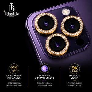 May include: A purple smartphone camera module featuring three circular lens protectors crafted from 9K solid gold and encrusted with lab-grown diamonds. The text Bluelife Jewels, Lab Grown Diamonds, Sapphire Crystal Glass, and 9K Solid Gold is visible.