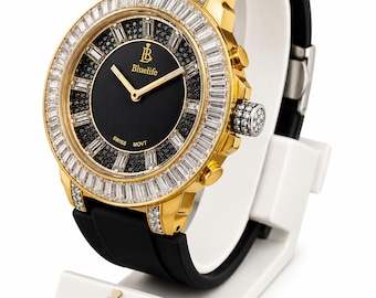 Luxury Moissanite Watch for Men Women, Iced Out Gold Watch, Sapphire Crystal Baguette Bezel Watch, Black Silicone Strap Wristwatch, SOLARIS