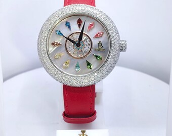 Lab Grown Diamond Watch Women Kite Cut Iced Luxury Sapphire Crystal Mother of Pearl Dial Swiss Quartz Gift for Her