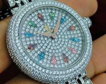 Moissanite Diamond Watch for Men & Women, Iced Out Luxury Watch, Multicolor Stones, Stainless Steel Hip Hop Bling Gift