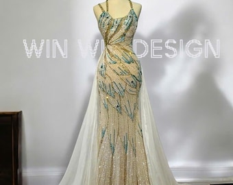 Vestido de noche con cuentas hecho a mano, hecho a pedido para modificarlo como se desee.