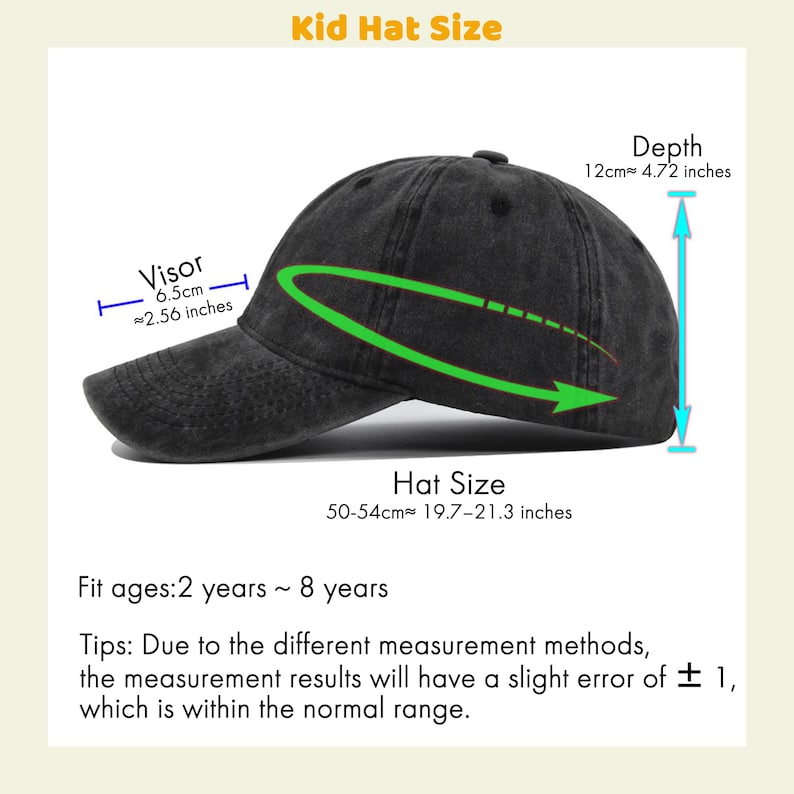 May include: A black baseball cap with a visor length of 2.56 inches, a depth of 4.72 inches, and a hat size of 19.7 to 21.3 inches. The text reads Kid Hat Size, Fit ages: 2 years to 8 years, and includes notes on measurement methods and errors.