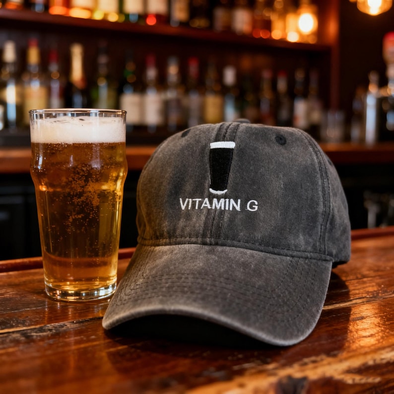 Anpassade vitamin G-basebollkepsar, vintage bomull unisex truckerkeps, justerbar ölstout-älskare, irländskinspirerad hatt, Guinness pappahatt bild 4