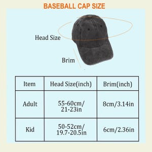 May include: A charcoal gray baseball cap with a curved brim. A sizing chart displays head size and brim measurements in inches and centimeters for adults and kids, noting adult head sizes of 21-23 inches and kid sizes of 19.7-20.5 inches.