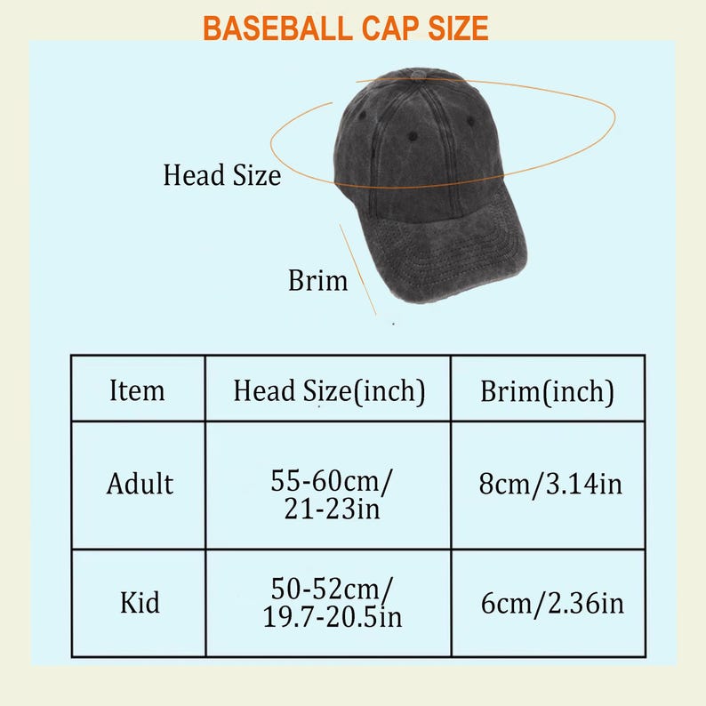 May include: A charcoal gray baseball cap with a curved brim. A sizing chart displays head size and brim measurements in inches and centimeters for adults and kids, noting adult head sizes of 21-23 inches and kid sizes of 19.7-20.5 inches.