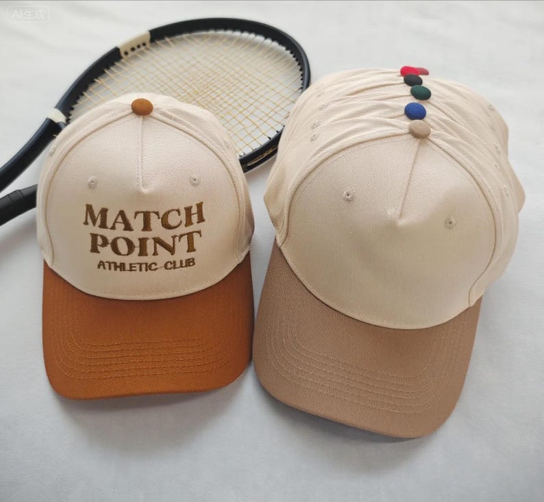 May include: Two baseball caps with curved brims. One is tan with a brown brim and the text "MATCH POINT ATHLETIC CLUB" in brown. The other is tan with a brown brim and a row of colorful buttons on top. A tennis racket is in the background.