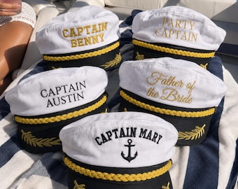 Personalisierte Kapitänsmütze mit Namen, individuell gestickte Seglermütze, Yacht Party, Bootsparty, Hen Do, Junggesellenabschied, Trauzeuge Kreuzfahrt Hochzeitsgeschenk