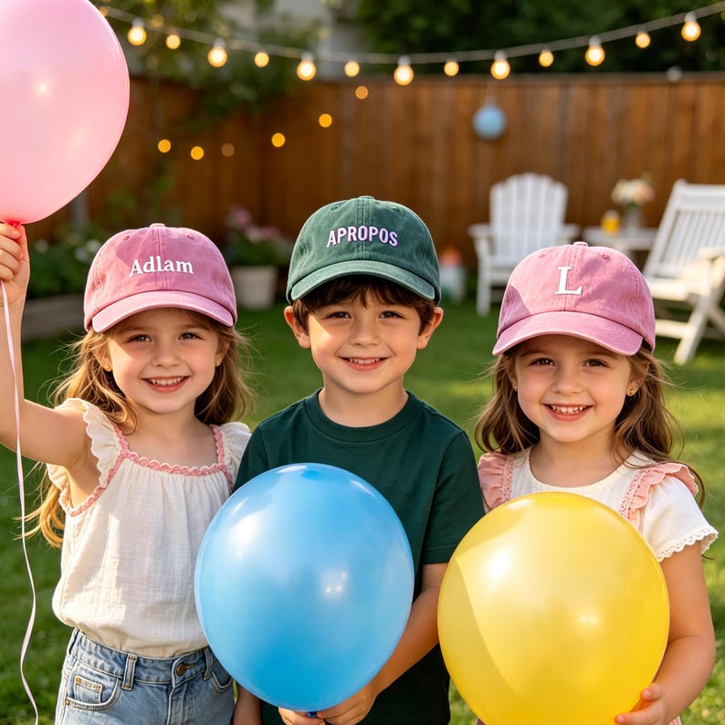 May include: Three baseball caps in pink and dark green. The left pink cap features the white embroidered text Adlam. The center dark green cap features the white embroidered text APROPOS. The right pink cap features the white embroidered letter L.