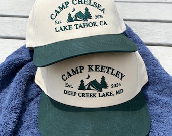 Custom Camp Bachelorette Party Hat, Embroidered Trucker Hat, Bride Camping Trip, Bridal Party Hat, 5 Panel Two Tone Snapback, Gift for Women