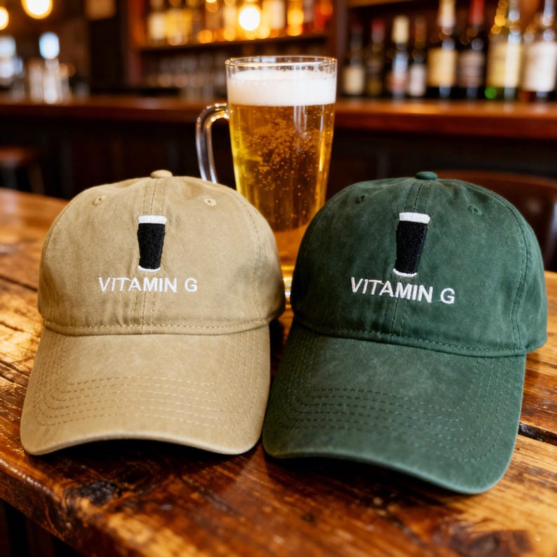 Anpassade vitamin G-basebollkepsar, vintage bomull unisex truckerkeps, justerbar ölstout-älskare, irländskinspirerad hatt, Guinness pappahatt bild 3