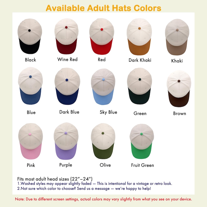 May include: A collection of baseball caps in various colors, including black, red, and blue. Each cap has a white crown and a colored brim. The text "Available Adult Hats Colors" is at the top. The hats fit most adult head sizes (22"-24").