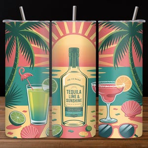 Tequila Lime Tumbler Wrap PNG, 20oz Skinny Sublimation Design, Summer Beach Vibes, Hello Summer Cocktail, Cruise Vacation Wrap