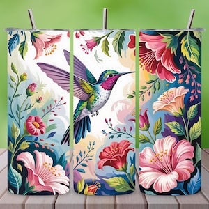 Hummingbird Floral Tumbler Wrap PNG, 20oz Skinny Sublimation Design, Glitter Bird & Flowers Tumbler, Instant Digital Download