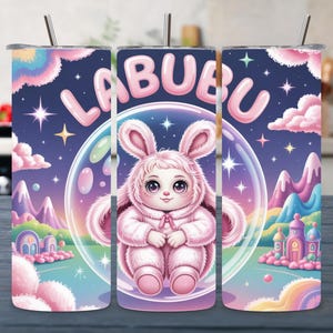 Labubu 20oz Skinny Tumbler Wrap PNG, Cute Pink Cartoon Character Tumbler Sublimation Design, Straight Wrap Digital Download
